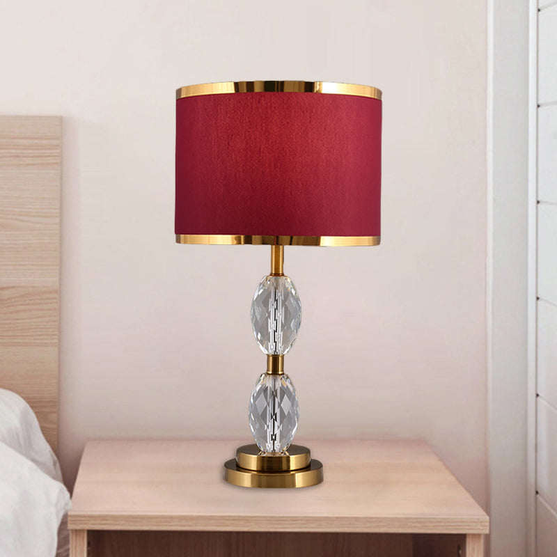 1 Head Crystal Table Light with Drum Shade Fabric Traditional Drawing Room Nightstand Lamp in Red/Beige Clearhalo 'Lamps' 'Table Lamps' Lighting' 1503443