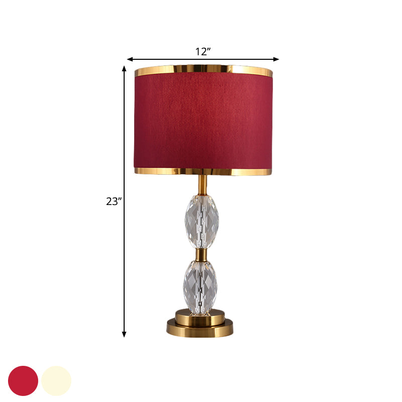 1 Head Crystal Table Light with Drum Shade Fabric Traditional Drawing Room Nightstand Lamp in Red/Beige Clearhalo 'Lamps' 'Table Lamps' Lighting' 1503445