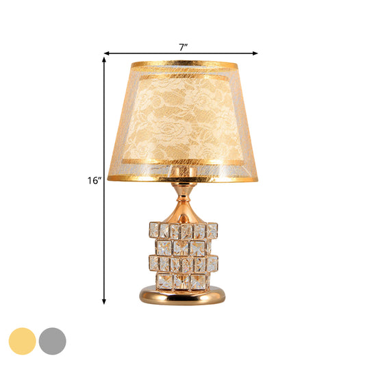 Gold/Silver Floral-Patterned Inner Shade Table Light Traditional Fabric 1 Head Bedchamber Nightstand Lamp with Crystal Blocks Embedded Clearhalo 'Lamps' 'Table Lamps' Lighting' 1503453