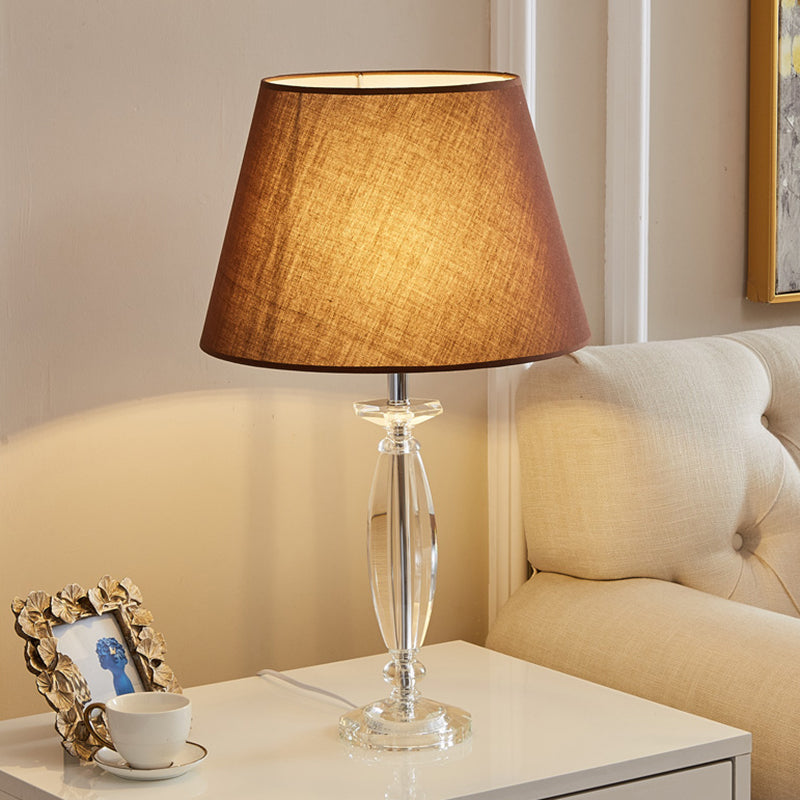 1-Head Fabric Shade Table Light Traditional White/Flaxen/Coffee Tapered Study Room Nightstand Lamp with Crystal Base Coffee Clearhalo 'Lamps' 'Table Lamps' Lighting' 1503490