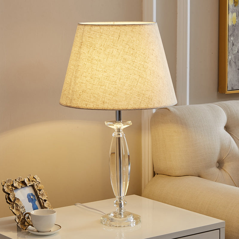 1-Head Fabric Shade Table Light Traditional White/Flaxen/Coffee Tapered Study Room Nightstand Lamp with Crystal Base Flaxen Clearhalo 'Lamps' 'Table Lamps' Lighting' 1503494