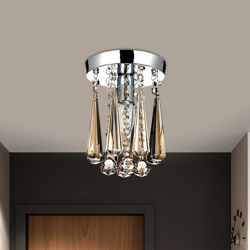 Contemporary Round Canopy Flush Mount 1 Head Cognac/Clear Crystal Droplets Close to Ceiling Lamp Clear Clearhalo 'Ceiling Lights' 'Close To Ceiling Lights' 'Close to ceiling' 'Flush mount' Lighting' 1503617