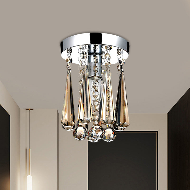 Contemporary Round Canopy Flush Mount 1 Head Cognac/Clear Crystal Droplets Close to Ceiling Lamp Clearhalo 'Ceiling Lights' 'Close To Ceiling Lights' 'Close to ceiling' 'Flush mount' Lighting' 1503618