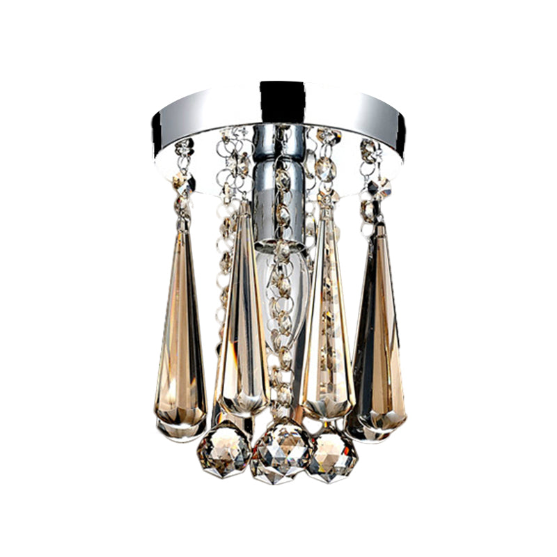 Contemporary Round Canopy Flush Mount 1 Head Cognac/Clear Crystal Droplets Close to Ceiling Lamp Clearhalo 'Ceiling Lights' 'Close To Ceiling Lights' 'Close to ceiling' 'Flush mount' Lighting' 1503619