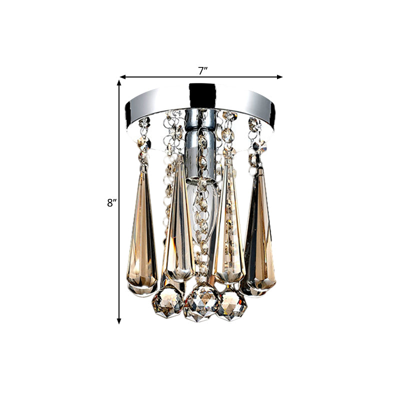 Contemporary Round Canopy Flush Mount 1 Head Cognac/Clear Crystal Droplets Close to Ceiling Lamp Clearhalo 'Ceiling Lights' 'Close To Ceiling Lights' 'Close to ceiling' 'Flush mount' Lighting' 1503620