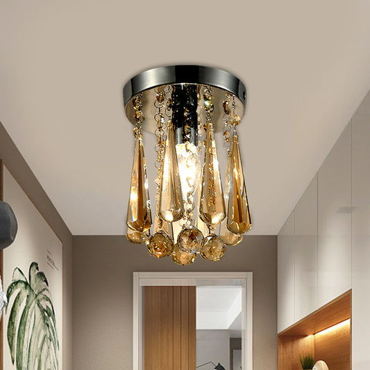 Contemporary Round Canopy Flush Mount 1 Head Cognac/Clear Crystal Droplets Close to Ceiling Lamp Cognac Clearhalo 'Ceiling Lights' 'Close To Ceiling Lights' 'Close to ceiling' 'Flush mount' Lighting' 1503621