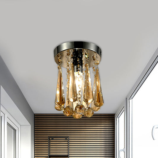 Contemporary Round Canopy Flush Mount 1 Head Cognac/Clear Crystal Droplets Close to Ceiling Lamp Clearhalo 'Ceiling Lights' 'Close To Ceiling Lights' 'Close to ceiling' 'Flush mount' Lighting' 1503622