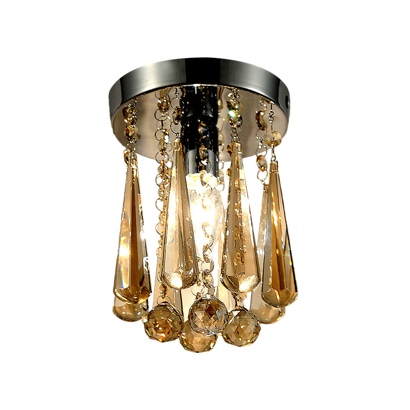 Contemporary Round Canopy Flush Mount 1 Head Cognac/Clear Crystal Droplets Close to Ceiling Lamp Clearhalo 'Ceiling Lights' 'Close To Ceiling Lights' 'Close to ceiling' 'Flush mount' Lighting' 1503623