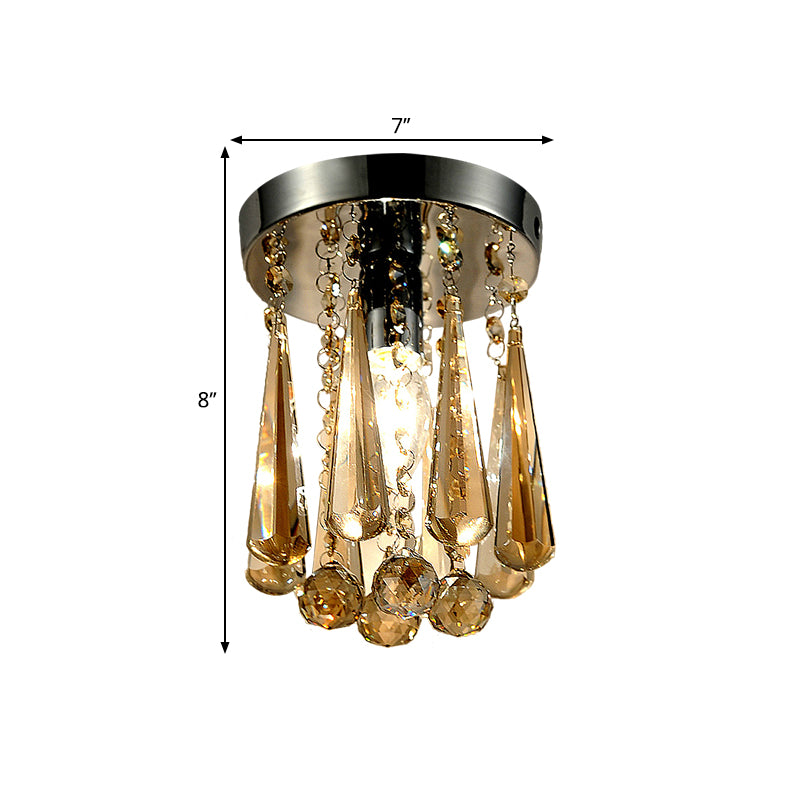 Contemporary Round Canopy Flush Mount 1 Head Cognac/Clear Crystal Droplets Close to Ceiling Lamp Clearhalo 'Ceiling Lights' 'Close To Ceiling Lights' 'Close to ceiling' 'Flush mount' Lighting' 1503625