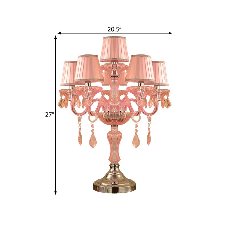 Candle Bedroom Table Light Traditional Crystal Spears 5/6/7 Bulbs Pink Nightstand Lamp with Pleated Fabric Shade Clearhalo 'Lamps' 'Table Lamps' Lighting' 1503761