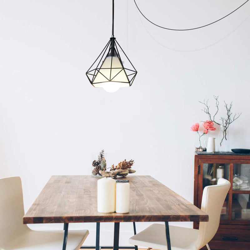 Black Diamond Cage Pendant Ceiling Light Farmhouse Metal 1 Light Living Room Hanging Lamp with Fabric Shade Black 2 Clearhalo 'Art Deco Pendants' 'Black' 'Cast Iron' 'Ceiling Lights' 'Ceramic' 'Crystal' 'Industrial Pendants' 'Industrial' 'Metal' 'Middle Century Pendants' 'Pendant Lights' 'Pendants' 'Rustic Pendants' 'Tiffany' Lighting' 150415