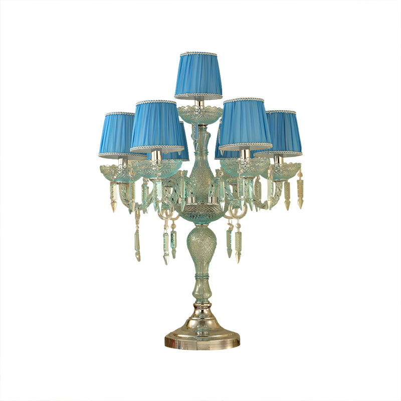 Crystal Blue Nightstand Lamp Candlestick 5/6/7 Bulbs Traditional Sleeping Room Table Light with Barrel Fabric Shade Clearhalo 'Lamps' 'Table Lamps' Lighting' 1504487
