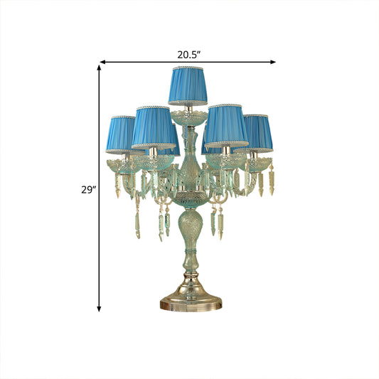 Crystal Blue Nightstand Lamp Candlestick 5/6/7 Bulbs Traditional Sleeping Room Table Light with Barrel Fabric Shade Clearhalo 'Lamps' 'Table Lamps' Lighting' 1504488