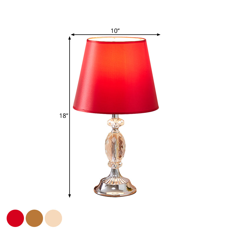 1 Bulb Fabric Shade Table Light Traditional Red/Coffee/Flaxen Tapered Sleeping Room Nightstand Lamp with Beveled Crystal Blocks Clearhalo 'Lamps' 'Table Lamps' Lighting' 1504496