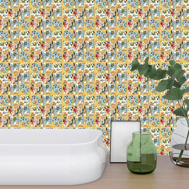 Exotic Floral Print Wallpaper Panels for Kitchen Mosaic Tile Stick On Wall Decor, 7.2-sq ft Yellow-Blue Clearhalo 'Wall Decor' 'Wallpaper' 1504616