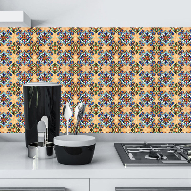 Floral Moroccan Tiles Wallpaper Panel Boho PVC Wall Art in Blue-Brown, Easy Peel off Blue-Brown Clearhalo 'Wall Decor' 'Wallpaper' 1504621