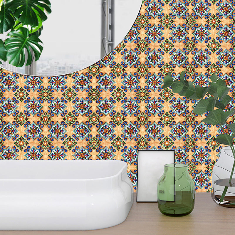 Floral Moroccan Tiles Wallpaper Panel Boho PVC Wall Art in Blue-Brown, Easy Peel off Clearhalo 'Wall Decor' 'Wallpaper' 1504622