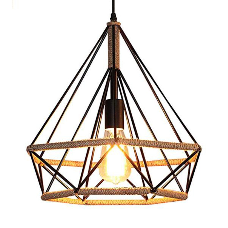 Black Diamond Pendant Ceiling Vintage Metal and Rope 1 Light Coffee Shop Hanging Lamp with Cage Clearhalo 'Art Deco Pendants' 'Black' 'Cast Iron' 'Ceiling Lights' 'Ceramic' 'Crystal' 'Industrial Pendants' 'Industrial' 'Metal' 'Middle Century Pendants' 'Pendant Lights' 'Pendants' 'Rustic Pendants' 'Tiffany' Lighting' 150487