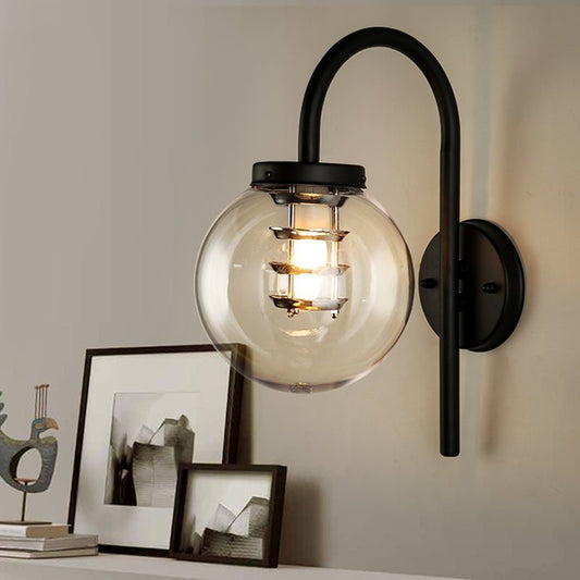 1 Light Globe Sconce Light Vintage Black/Stainless-Steel Clear Glass Wall Lamp for Bedroom with Gooseneck Clearhalo 'Art deco wall lights' 'Cast Iron' 'Glass' 'Industrial wall lights' 'Industrial' 'Middle century wall lights' 'Modern' 'Rustic wall lights' 'Tiffany' 'Traditional wall lights' 'Wall Lamps & Sconces' 'Wall Lights' Lighting' 150503