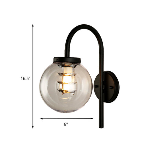 1 Light Globe Sconce Light Vintage Black/Stainless-Steel Clear Glass Wall Lamp for Bedroom with Gooseneck Clearhalo 'Art deco wall lights' 'Cast Iron' 'Glass' 'Industrial wall lights' 'Industrial' 'Middle century wall lights' 'Modern' 'Rustic wall lights' 'Tiffany' 'Traditional wall lights' 'Wall Lamps & Sconces' 'Wall Lights' Lighting' 150505