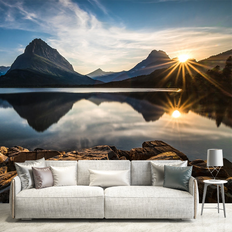 Sunrise Mountain Lake Reflection Mural Brown Modernism Wall Covering for Bedroom Brown Clearhalo 'Wall Decor' 'Wall Mural' 1505123