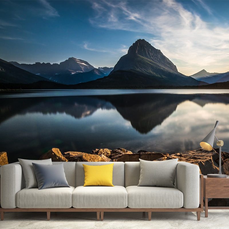 Sunrise Mountain Lake Reflection Mural Brown Modernism Wall Covering for Bedroom Clearhalo 'Wall Decor' 'Wall Mural' 1505124