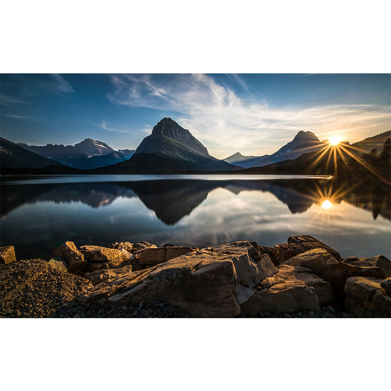 Sunrise Mountain Lake Reflection Mural Brown Modernism Wall Covering for Bedroom Clearhalo 'Wall Decor' 'Wall Mural' 1505126