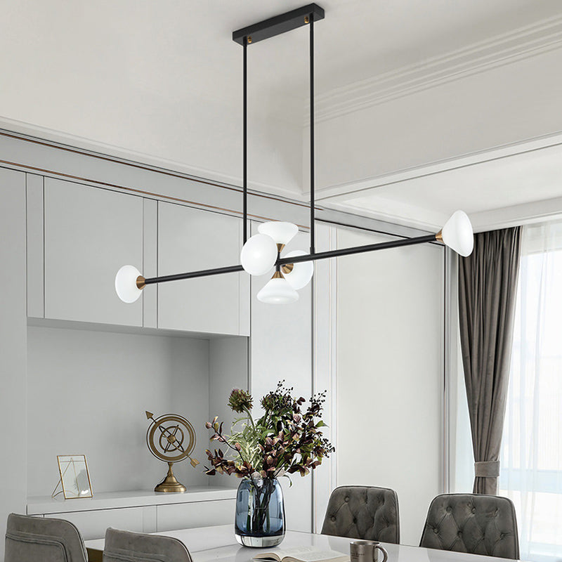 Modern 6/10-Head LED Island Pendant with White Glass Shade Black Linear Ceiling Light Fixture in Warm/White Light 6 Black Clearhalo 'Ceiling Lights' 'Island Lights' Lighting' 150516