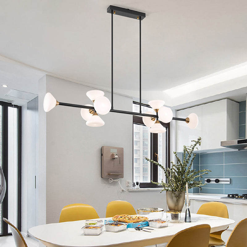 Modern 6/10-Head LED Island Pendant with White Glass Shade Black Linear Ceiling Light Fixture in Warm/White Light 10 Black Clearhalo 'Ceiling Lights' 'Island Lights' Lighting' 150520