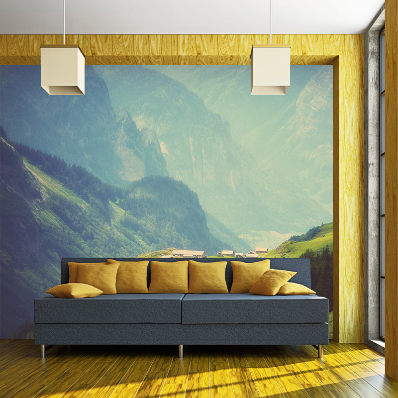 Green Village on Mountainside Mural Waterproofing Modern Living Room Wall Decoration Clearhalo 'Wall Decor' 'Wall Mural' 1505205