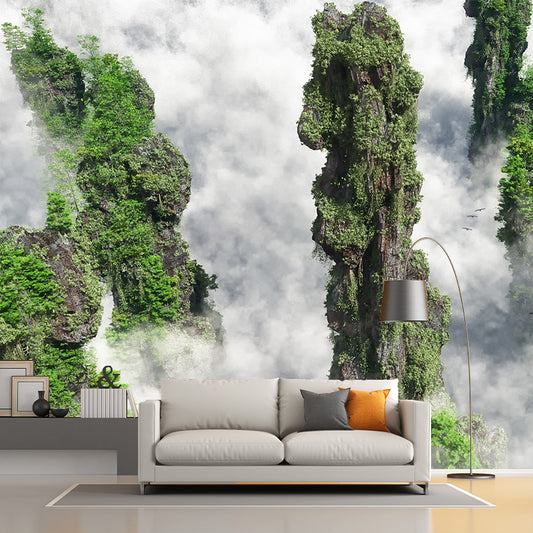 Foggy Cliffs Aerial View Mural Wallpaper Modernist PVC Wall Covering in Green for Home Clearhalo 'Wall Decor' 'Wall Mural' 1505240