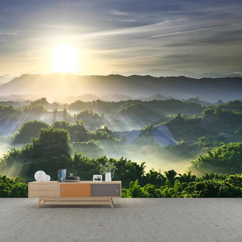 Big Scenery Wallpaper Mural Modern Aerial View of Sun Shines Across Forest Wall Decor in Green Clearhalo 'Wall Decor' 'Wall Mural' 1505264