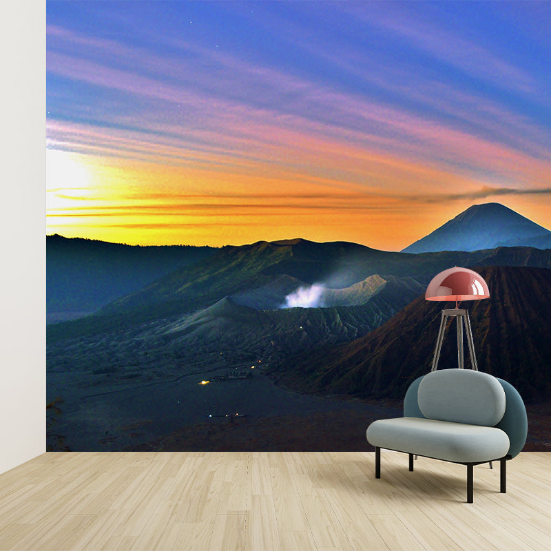 Volcano Hills with Sunlight Mural Blue Modernist Wall Art for Bedroom, Custom Made Blue Clearhalo 'Wall Decor' 'Wall Mural' 1505288