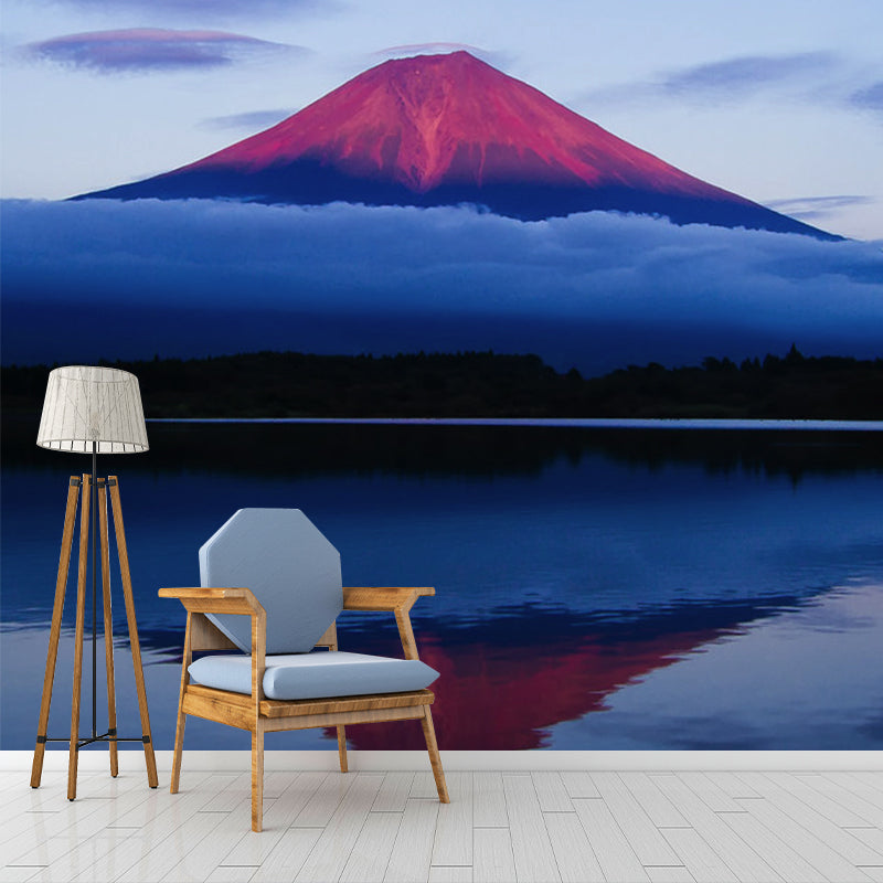 Volcano Reflection in Lake Mural Blue-Red Modernism Wall Covering for Accent Wall Blue Clearhalo 'Wall Decor' 'Wall Mural' 1505473