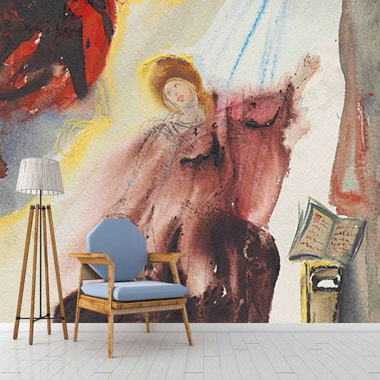 Red Religion Mural Wallpaper Mariae Annunciato of Luke 1:26f Surreal Washable Wall Art Clearhalo 'Wall Decor' 'Wall Mural' 1505534