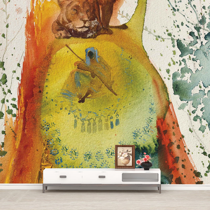 Surrealist Lions Painting Mural for Accent Wall Custom Wall Decoration in Yellow Yellow Clearhalo 'Wall Decor' 'Wall Mural' 1505543