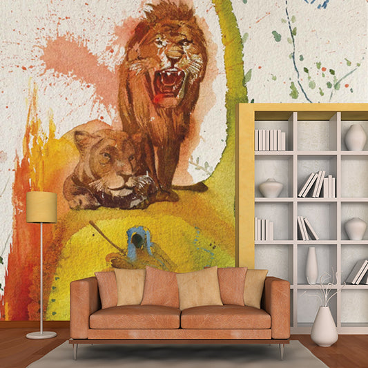 Surrealist Lions Painting Mural for Accent Wall Custom Wall Decoration in Yellow Clearhalo 'Wall Decor' 'Wall Mural' 1505545