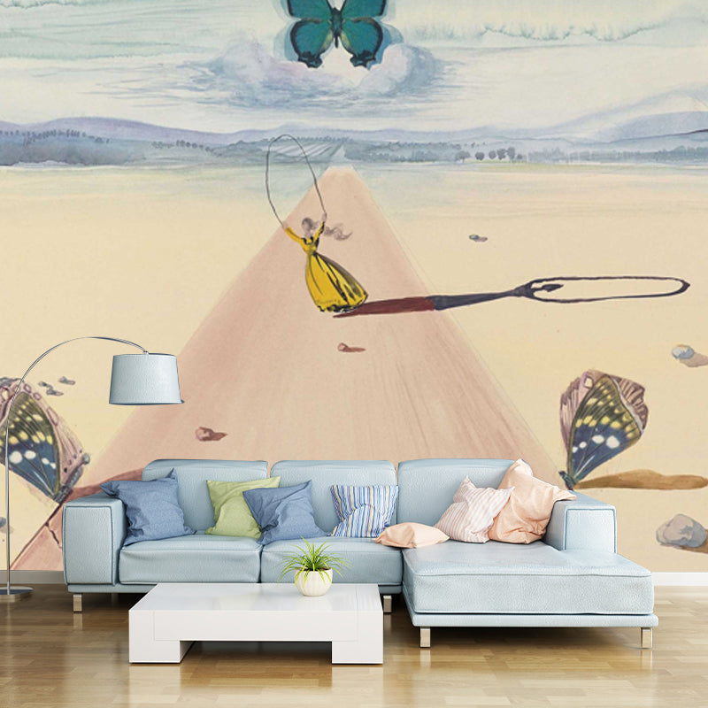 Beige Road with Butterflies Mural Stain-Resistant Wall Decor for Ceiling, Made to Measure Beige Clearhalo 'Wall Decor' 'Wall Mural' 1505593