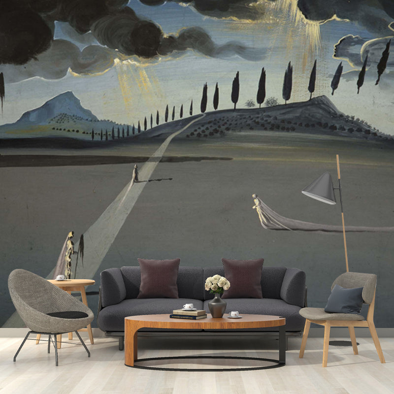 Surreal Dali Artwork Mural Decal Grey Ghost Bride in Night Street Wall Covering for Home Grey Clearhalo 'Wall Decor' 'Wall Mural' 1505603