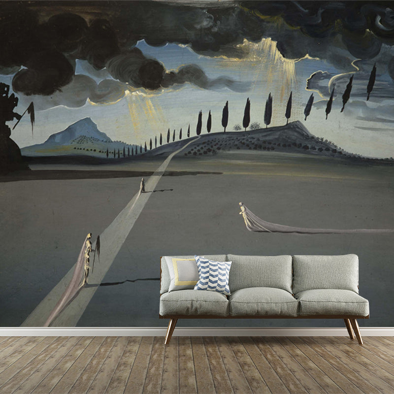 Surreal Dali Artwork Mural Decal Grey Ghost Bride in Night Street Wall Covering for Home Clearhalo 'Wall Decor' 'Wall Mural' 1505605