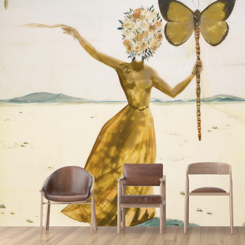 Yellow Dali Butterfly Drawing Mural Little Girl with Flower Head Surreal Washable Wall Art Yellow Clearhalo 'Wall Decor' 'Wall Mural' 1505613