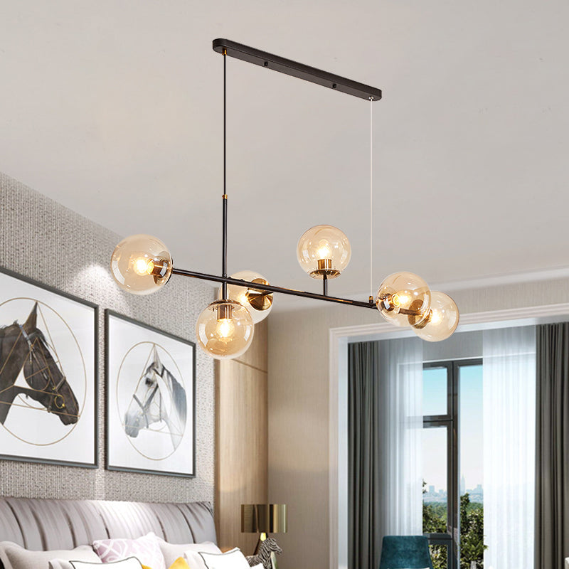 Industrial 6-Light Island Pendant with Amber/Milky White/Gradient Blue Glass Shade Brass Ball Ceiling Light with Adjustable Cord Amber Clearhalo 'Ceiling Lights' 'Glass shade' 'Glass' 'Island Lights' 'Pendant Lights' Lighting' 150566