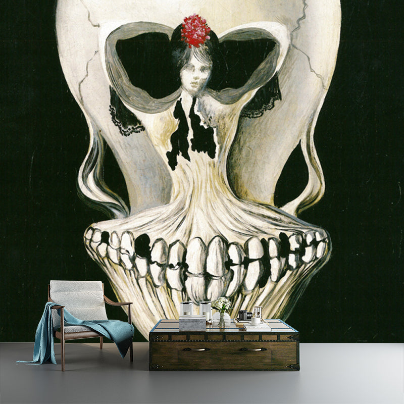 Surrealism Art Mural Wallpaper Black-White Ballerina in a Deaths Head Wall Decoration Black Clearhalo 'Wall Decor' 'Wall Mural' 1505678