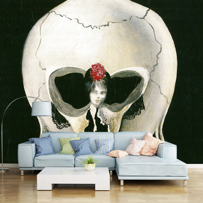 Surrealism Art Mural Wallpaper Black-White Ballerina in a Deaths Head Wall Decoration Clearhalo 'Wall Decor' 'Wall Mural' 1505680