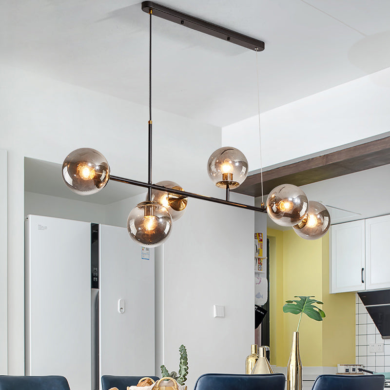 Industrial 6-Light Island Pendant with Amber/Milky White/Gradient Blue Glass Shade Brass Ball Ceiling Light with Adjustable Cord Smoke Gray Clearhalo 'Ceiling Lights' 'Glass shade' 'Glass' 'Island Lights' 'Pendant Lights' Lighting' 150569