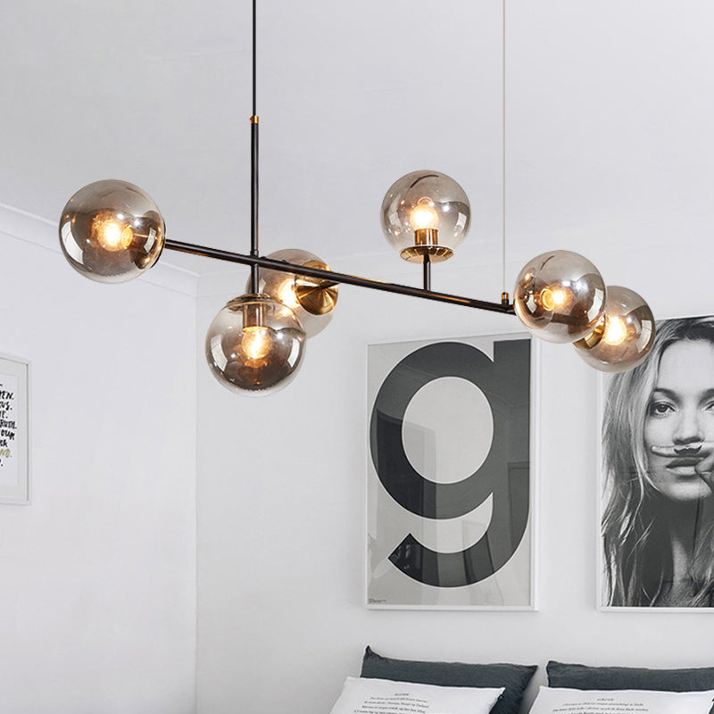 Industrial 6-Light Island Pendant with Amber/Milky White/Gradient Blue Glass Shade Brass Ball Ceiling Light with Adjustable Cord Clearhalo 'Ceiling Lights' 'Glass shade' 'Glass' 'Island Lights' 'Pendant Lights' Lighting' 150570