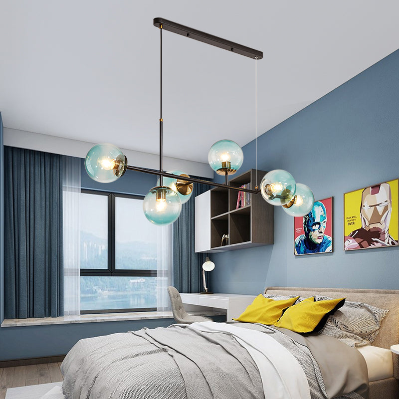 Industrial 6-Light Island Pendant with Amber/Milky White/Gradient Blue Glass Shade Brass Ball Ceiling Light with Adjustable Cord Blue Clearhalo 'Ceiling Lights' 'Glass shade' 'Glass' 'Island Lights' 'Pendant Lights' Lighting' 150572