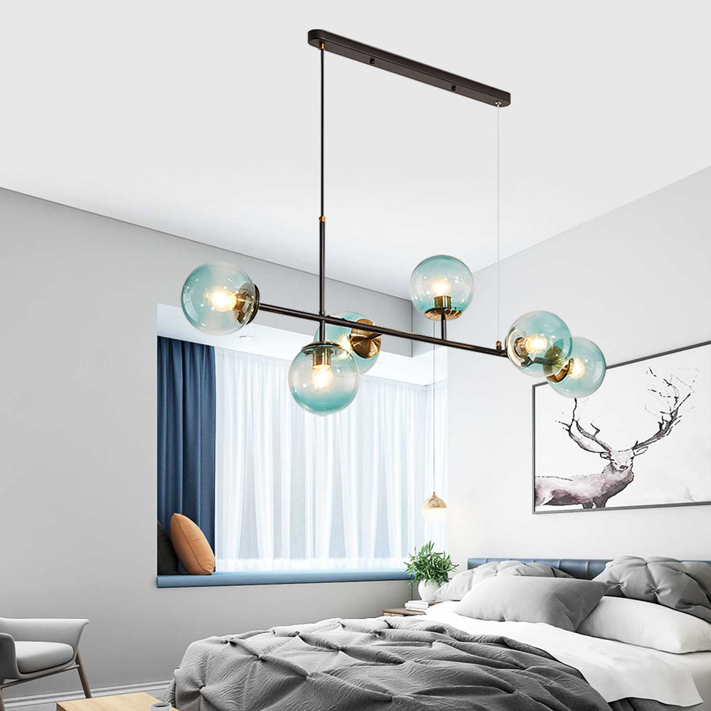 Industrial 6-Light Island Pendant with Amber/Milky White/Gradient Blue Glass Shade Brass Ball Ceiling Light with Adjustable Cord Clearhalo 'Ceiling Lights' 'Glass shade' 'Glass' 'Island Lights' 'Pendant Lights' Lighting' 150573