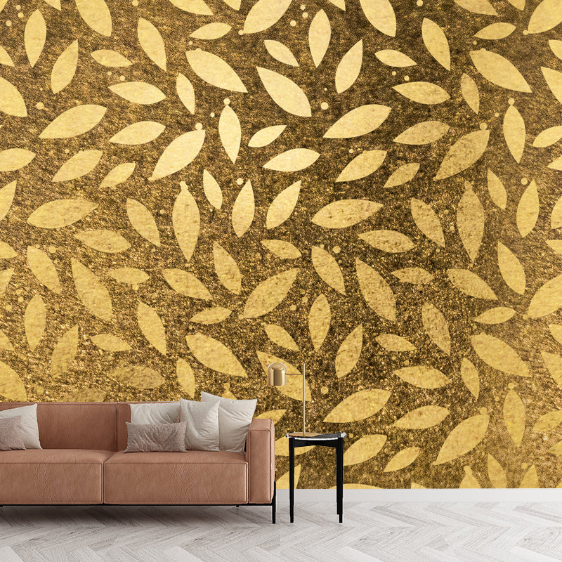 Whole Leaf Print Foil Mural Moisture Resistant Modernist Living Room Wall Decoration Gold Clearhalo 'Wall Decor' 'Wall Mural' 1506168