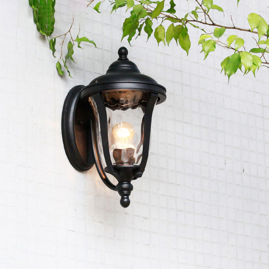 Urn Dimpled Glass Wall Mounted Lamp Industrial Single Bulb Outdoor Sconce Light in Black, 8"/10"/11" W Clearhalo 'Art deco wall lights' 'Cast Iron' 'Glass' 'Industrial wall lights' 'Industrial' 'Middle century wall lights' 'Modern' 'Rustic wall lights' 'Tiffany' 'Traditional wall lights' 'Wall Lamps & Sconces' 'Wall Lights' Lighting' 150648